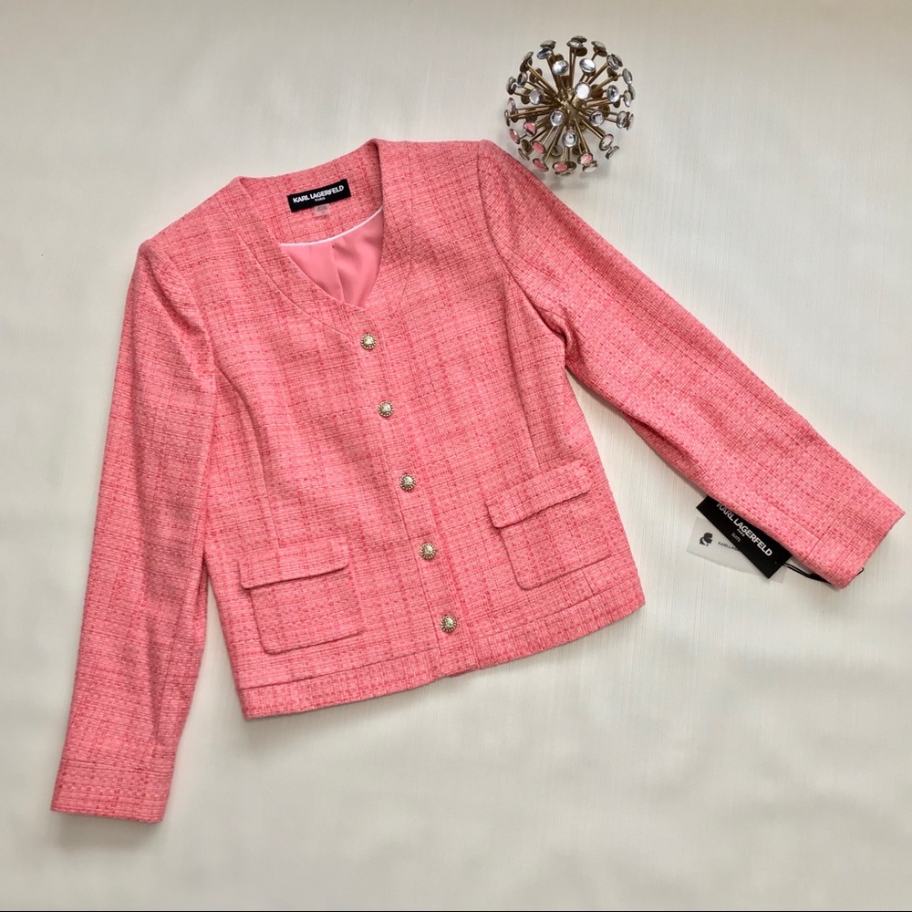 NWT Karl Lagerfeld Tweed Jacket Blazer Pink - Picture 2 of 8